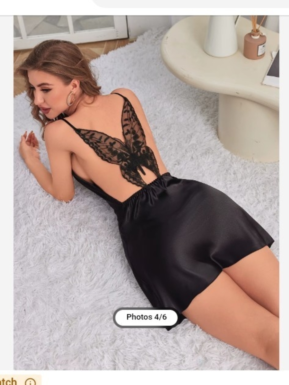 Black Satin Backless Slip Lingerie with Lace Butterfly Detail